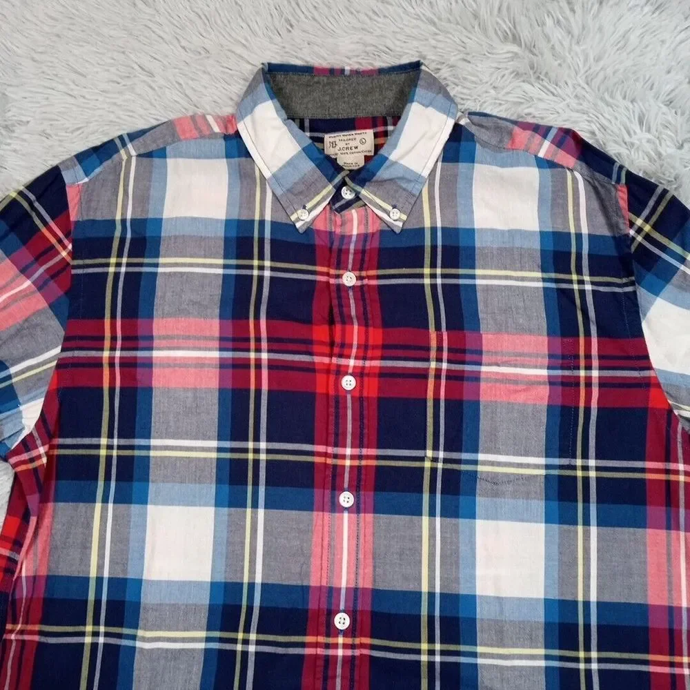 J. Crew Shirt Mens L Blue Woven Preppy Career Casual Plaid Pocket Button Up‎
